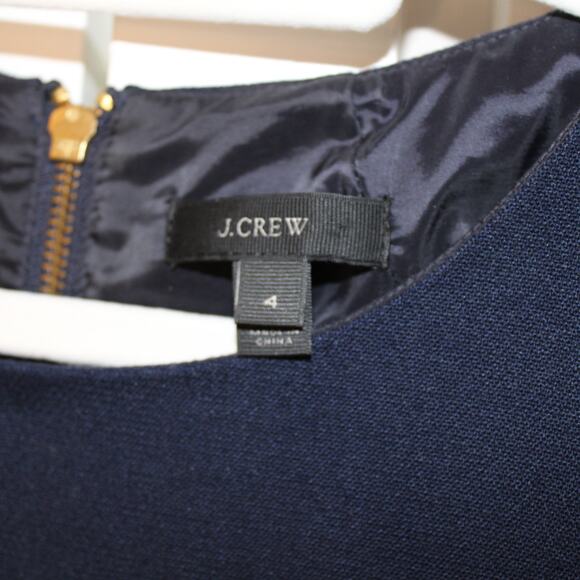 J.CREW Faux Leather Trim Navy Blue Black Zip Pocket Straight Dress | 4 - Picture 6 of 14